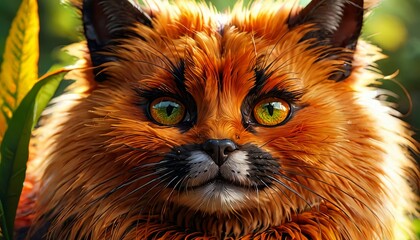Fototapeta premium Close-up of a vibrant, digitally rendered fox with striking amber fur and luminous green eyes, set against a blurred green foliage background.