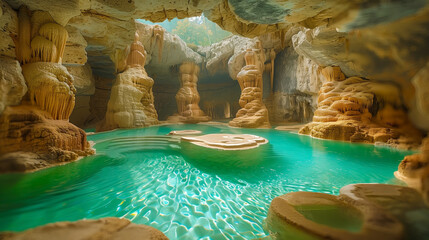 神秘的な湖のある洞窟の神殿