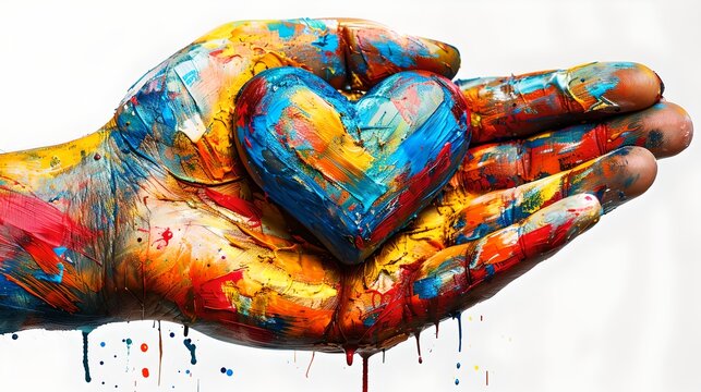 Colorful Hand with Heart Shape, Symbolizing Love and Creativity. Paint Splatters Express Freedom and Joy in Art Creation. Perfect for Diverse Projects. AI