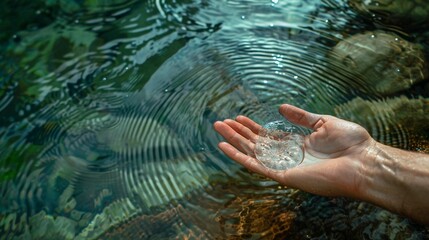 hand holding transparent clear water from natural well