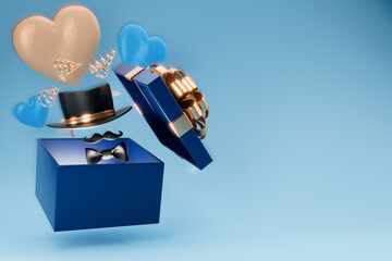 Father's Day. A heart hat flies out of an open gift box. 3d rendering
