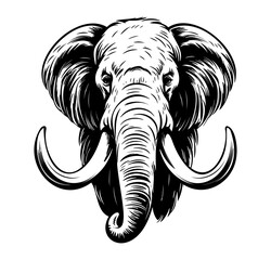 Mammoth with big tusk, black vector isolated against white background 