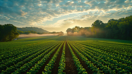 Green crop rows leading to sunrise in a rural landscape. Farming development and dawn serenity concept for design and print - obrazy, fototapety, plakaty