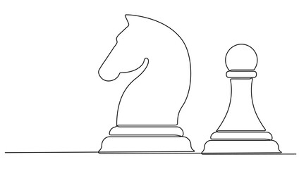 Two chess pieces continuous one line drawn.  Horse and pawn chess figure. Vector illustration isolated on white.