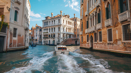 A water taxi speeds down a narrow canal in Venice, Italy. The buildings on either side are tall and brightly colored, and the water is a deep blue.