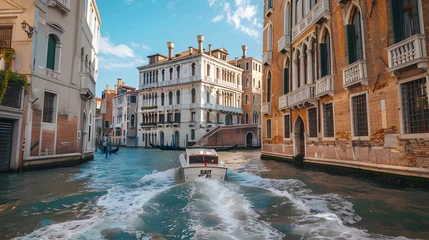 Gordijnen A water taxi speeds down a narrow canal in Venice, Italy. The buildings on either side are tall and brightly colored, and the water is a deep blue. © Terlan