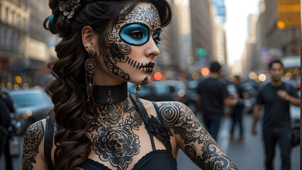 Mujer con tatuajes de Catrina. Personaje típico de la celebración del Día de Muertos en México. Hermosa modelo al estilo Punk, en las calles de una gran ciudad. - obrazy, fototapety, plakaty