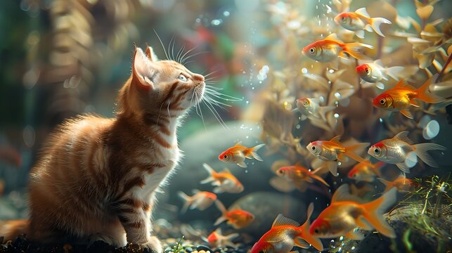 Inquisitive Kitten Gazing at Swirling Goldfish in Dreamy Underwater Scene. Perfect for Pet Lovers and Fantasy Art. Captivating, Whimsical Photography for Stock. AI