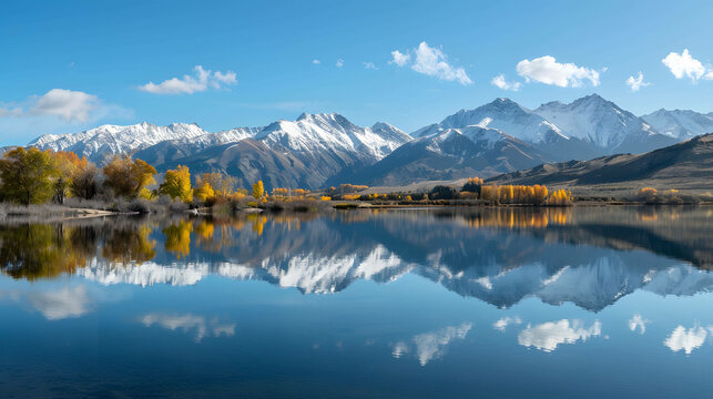 The image is of a beautiful mountain lake with snow-capped mountains in the background. The water is crystal clear.