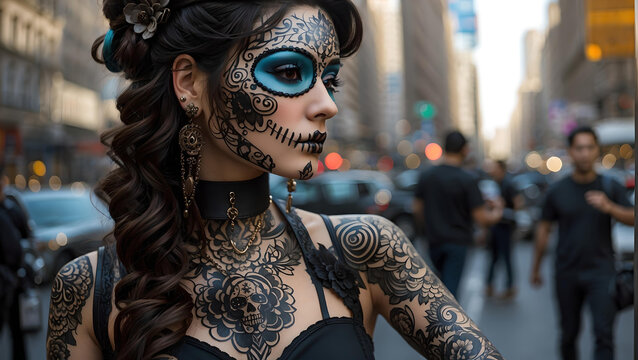 Mujer con tatuajes de Catrina. Personaje t&iacute;pico de la celebraci&oacute;n del D&iacute;a de Muertos en M&eacute;xico. Hermosa modelo al estilo Punk, en las calles de una gran ciudad.