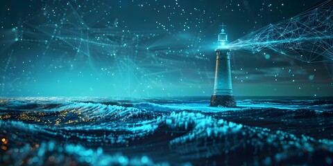 Digital lighthouse beaming light across virtual sea guiding remote teams toward successful meeting or project completion. Concept Team Collaboration, Virtual Meetings, Remote Work - obrazy, fototapety, plakaty