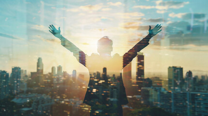 Image of silhouette of businessman from behind raising his hands symbolizes success. Double...