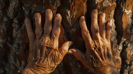Fototapeta na wymiar A Human Touch on Tree Bark: Gentle Interaction with Nature. Close-up of Hands Embracing the Environment's Textures. A Moment of Connection with the Earth. Reflecting a Lifestyle of Care. AI