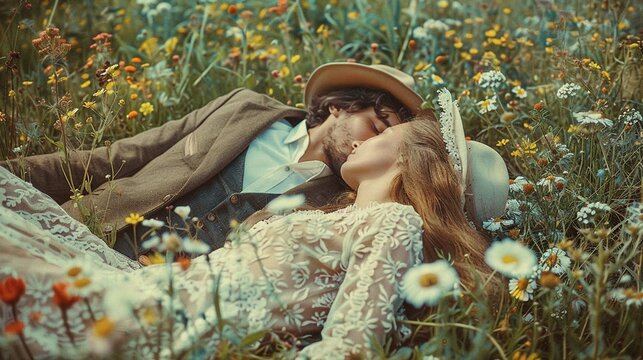 man and woman dressed in country style lying on the field of flowers. vintage picture