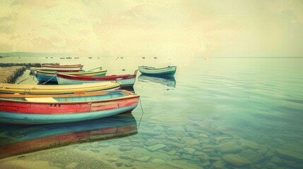 Vintage Boats on Tranquil Waters Nostalgic seaside graphic