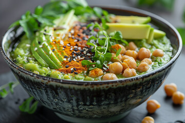 Bowl of green gazpacho with avocado and curcuma roasted chick peas.