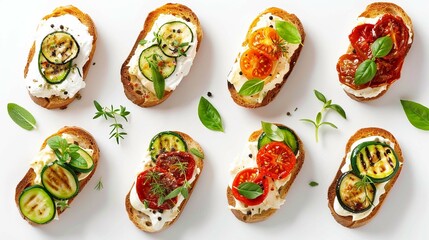 only one Bruschetta, bread toast, canape with cream cheese, zucchini and dried tomato with herbs cut out on white background - obrazy, fototapety, plakaty