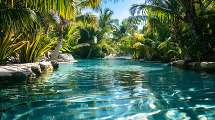 Amazing swimming pool with crystal clear water surrounded by lush tropical vegetation.