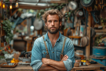 Man Standing With Arms Crossed in Shop - Powered by Adobe