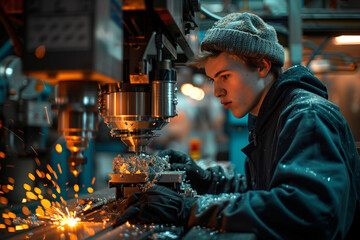 Fototapeta na wymiar Man working at a milling machine in a factory