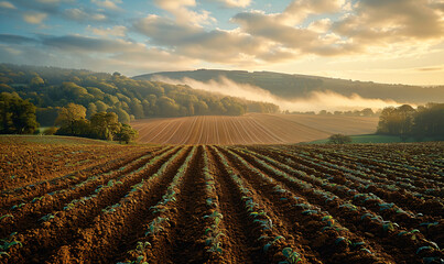Green crop rows leading to sunrise in a rural landscape. Farming development and dawn serenity concept for design and print