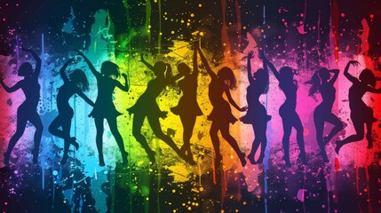 Fototapeta na wymiar A group of women dancing in silhouette on a rainbow colored background, AI