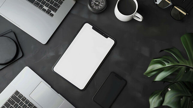 Top view of a desk with a laptop, tablet, smartphone, coffee cup, compass, sunglasses, and a plant.