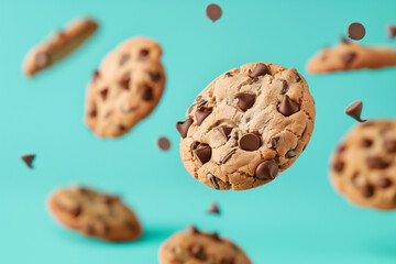 chocolate chip cookies floating in the air, space for copy. - obrazy, fototapety, plakaty