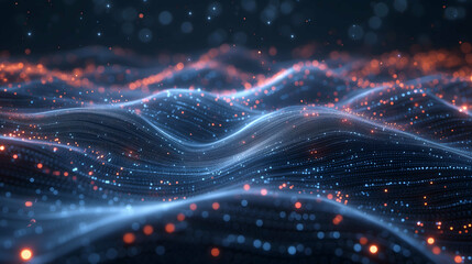 A computer generated representation of a wave of light, showcasing the dynamic movement and energy of light particles within the digital environment. The wave appears vibrant and colorful - obrazy, fototapety, plakaty