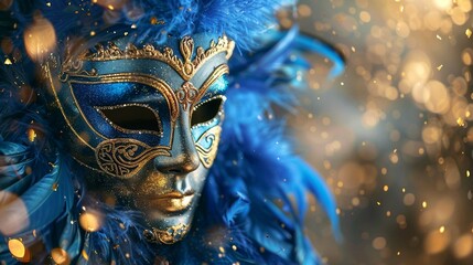 Realistic luxury carnival mask with blue feathers. Abstract blurred background, gold dust - obrazy, fototapety, plakaty