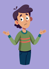 unhappy, surprised, shocked, puzzled, making difficult choice young man spreading his arms, shrugging shoulders. Concept of confusion, uncertainty, deadline, I don't know, insecurity, oops