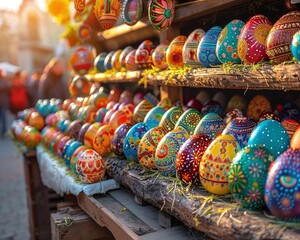 Colorful hand-painted Easter eggs on display at a festive market. - obrazy, fototapety, plakaty