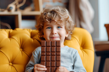Cute little boy with curly hair and blue eyes eating chocolate at home