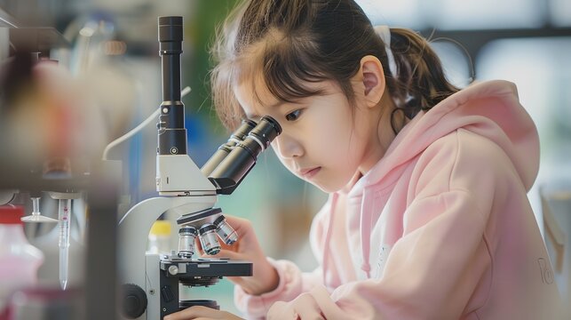 Young girl engaged in science, using a microscope. Educational and inspirational image. Perfect for learning concepts and discovery. AI
