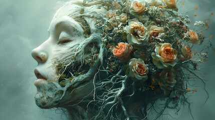 Ethereal Floral Portrait of a Dreaming Goddess Exploring the Neurological Basis of Grief and Mourning