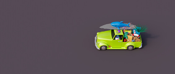 Green car with luggage and beach accessories ready for summer travel. Creative summer concept on grey background 3D Render 3D illustration