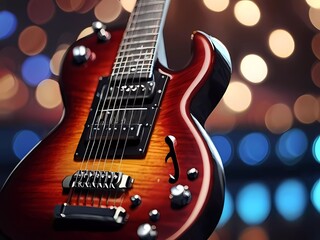 Music holiday composition with close up electronic guitar on blurred concert background 