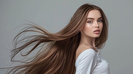 Portrait of a beautiful young woman with long straight shiny healthy brown hairs looking at the camera with hair tossing in the air, isolated on gray background, salon cosmetic shampoo, conditioner.