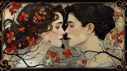 Intimate Embrace of Artfully Intertwined Figures in a Floral Art Nouveau Inspired Composition