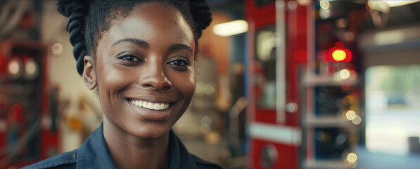 International Firefighters Day, portrait of an African-American female firefighter in uniform, fire trucks in a fire station, the concept of dangerous and risky professions - obrazy, fototapety, plakaty