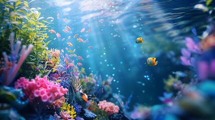 Fototapeta na wymiar Vibrant Underwater Fantasy - Serene Marine Ecosystem Teeming with Vibrant Aquatic Life and Lush Coral Formations