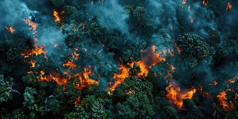 International Firefighters Day, top view, deciduous trees on fire, burning forest, large forest...
