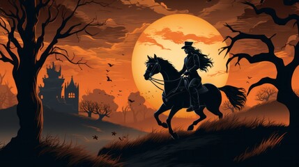 A woman riding a horse in a dark forest with a full moon in the background. Scene is eerie and mysterious - obrazy, fototapety, plakaty