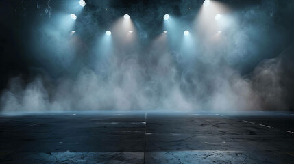 A spotlight on an empty stage with a dark background. The stage is covered in smoke.