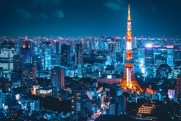 Vibrant Neon-Lit Skyline of Tokyo's Bustling Metropolitan Landscape at Night