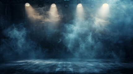Dark and mysterious stage with spotlights and smoke. Perfect for a dramatic performance or a suspenseful movie scene.