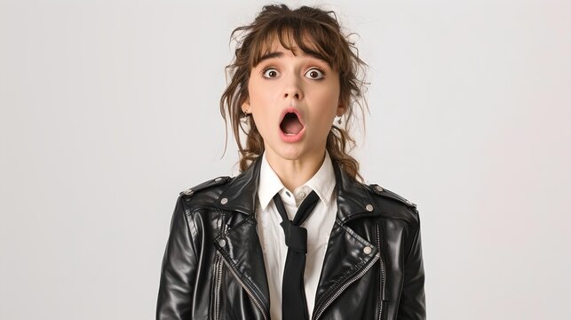 Surprised young woman in a black leather jacket and white shirt. Expressive facial reaction captured in high resolution. Perfect for advertising and comedic content. Trendy urban style. AI