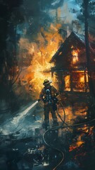 Firefighter extinguishing a fire in a burning house using a water foam hose. Bravery and heroism of firefighters in combating fires and protecting lives and property. 