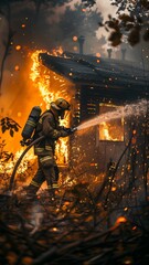 Firefighter extinguishing a fire in a burning house using a water foam hose. Bravery and heroism of firefighters in combating fires and protecting lives and property. 