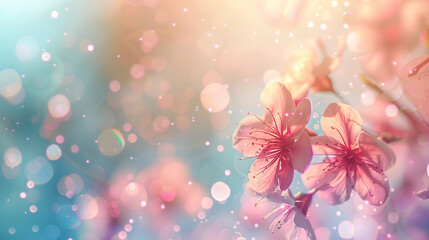 Fototapeta na wymiar A shimmering spring banner. The concept of cherry blossoms. Blue sky, shimmering sun rays. A place to place a text, a business concept.